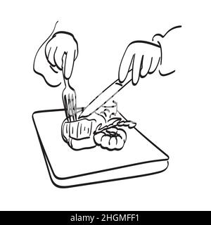 line art hands holding knife and fork cutting steak illustration vector hand drawn isolated on white background Stock Vector