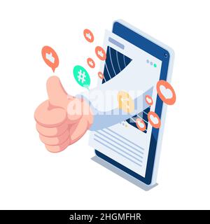 Flache 3D isometrische Daumen nach oben Handbewegung aus dem Smartphone mit Social-Media-Symbol. Social Media Engagement Konzept. Stock Vektor