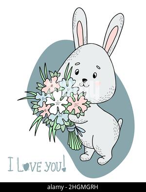 Süßes Häschen mit Blumenstrauß. Vektorgrafik. Postkarte valentine Ich liebe dich. Lustige Tier für Design und Dekoration, Grußkarten Stock Vektor