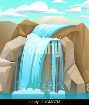 Wasserfall zwischen Felsen. Sommerwolken. Kaskade schimmert nach unten. Fließendes Wasser. Vektor. Stock Vektor