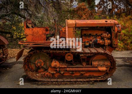 Alte rostige verlassene schwere Ausrüstung, Lauftraktor, zwischen Bäumen mit gestürzten gelben Blättern auf dem Boden Stockfoto