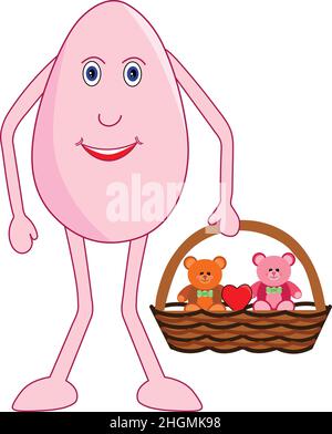 Happy Egg weiblicher Cartoon mit einem niedlichen Teddybär in der Hand am Teddytag. Vektorgrafik. Stock Vektor