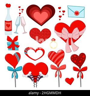 Alles gute zum Valentinstag Liebe Set. Einrichtung. Cartoon-Symbole auf weißem Hintergrund isoliert. Stock Vektor