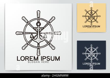 Handgezeichnetes Lenkboot. Verankern Sie Ideen mit nautischem Logo. Inspiration Logo Design. Darstellung Des Vektor-Vorlagenbildes. Isoliert Auf Weißem Hintergrund Stock Vektor