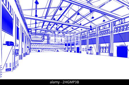 3D Wiedergabe leerer Fabrikräume oder Lagerhäuser Stockfoto