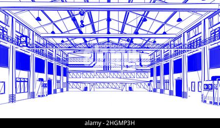 3D Wiedergabe leerer Fabrikräume oder Lagerhäuser Stockfoto