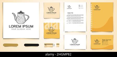 Handgezeichnete Teekessel Logo und Business Branding Vorlage Designs Inspiration isoliert auf weißem Hintergrund Stock Vektor