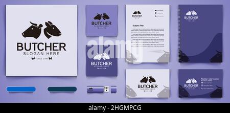 Kaninchen, Kuhkopf, gekreuzte Messer, Schlachtung Logo und Business Branding Vorlage Designs Inspiration isoliert auf weißem Hintergrund Stock Vektor