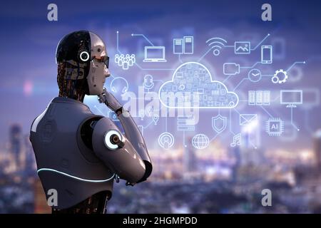 Cloud-Computing-Technologie-Konzept mit 3D Rendering humanoide Roboterarbeit mit Cloud-Symbol Grafik-Display Stockfoto