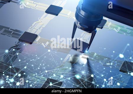 3D Rendering Roboterarme mit Chipsatz für die Halbleiterfertigung Stockfoto