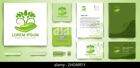 Blattbaum Pflege Logo und Business Branding Vorlage Designs Inspiration isoliert auf weißem Hintergrund Stock Vektor