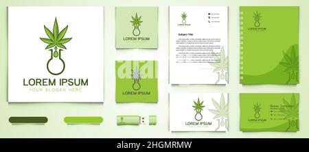 Vorlagen für Cannabis, Wasseröltropfen, Lab Logo und Business Branding Designs Inspiration isoliert auf weißem Hintergrund Stock Vektor