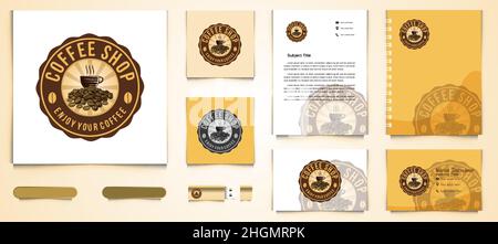 Kaffeetasse, ein Haufen Kaffeebohne, Café-Logo und Business Branding Vorlage Designs Inspiration isoliert auf weißem Hintergrund Stock Vektor