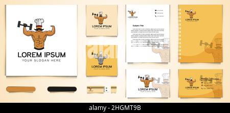 Muscle Chef Logo und Visitenkarte Branding Vorlage Design Inspiration isoliert auf weißem Hintergrund Stock Vektor