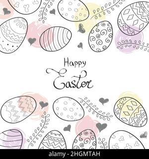 Frohe Ostern Hintergrund und Schriftzug, Eier, Zweige und Herzen. Stock Vektor