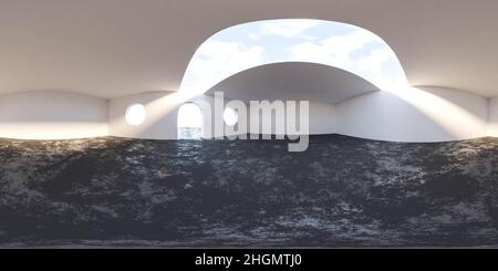 360 vollgradige sphärische Panorama-Umgebungskarte des abstrakten Gebäudeinnenraums 3D Render Illustration hdr hdri Stockfoto