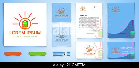 Batterie voll, Solar Logo und Visitenkarte Branding Vorlage Designs Inspiration isoliert auf weißem Hintergrund Stock Vektor