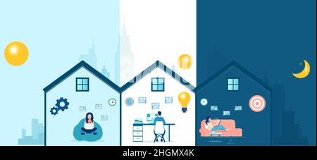 Vektor von Menschen, die von zu Hause aus im Internet an Computern arbeiten. Freiberufler arbeiten oder von zu Hause aus studieren Konzept Stock Vektor