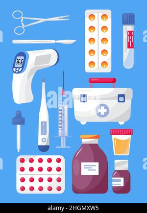 Medikamente, Pillen, Set-Vektor. Kollektion von Medicine Icon. Es sind medizinische Schläuche, Flaschenspray und erste-Hilfe-Beutel abgebildet. Apotheke Shop online. Stock Vektor
