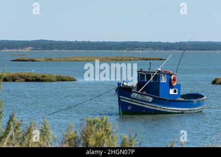 Blaues Fischerboot, das im Naturschutzgebiet der Sado-Mündung festgemacht ist. Mourisca Watermill, Setubal, Region Lissabon, Portugal Stockfoto