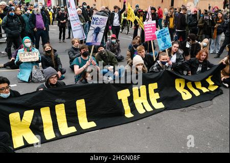 London, Großbritannien. 15. Januar 2022. Protest gegen das Gesetz der Regierung über Polizei, Kriminalität, Verurteilung und Gerichte (PKSC) und das Gesetz über Staatsanmität und Grenzen (NBB) Stockfoto