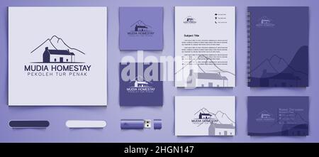 Berg und Haus, Villa Logo Business Branding Paket Vorlage Designs Inspiration isoliert auf weißem Hintergrund Stock Vektor