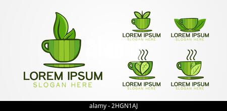 Set Tasse, Glas, Tasse, Blatt-Logo und Business Branding Vorlage Designs Inspiration isoliert auf weißem Hintergrund Stock Vektor