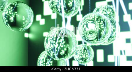 Grüne Neon-Laserstrahlen mit Glaskugeln Kugeln mit Reflexionen 3D Render Illustration Stockfoto