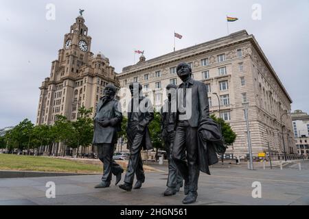 Die Beatles Statue von Andrew Edwards am Pier Head in Liverpool Stockfoto