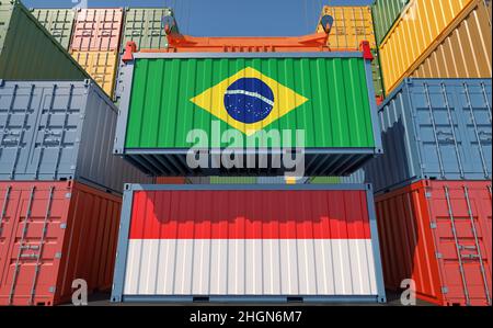 Frachtcontainer mit Nationalflaggen Brasilien und Italien. 3D Rendering Stockfoto