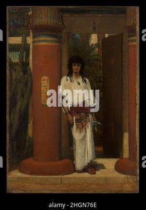 Ein ägyptischer in einem Torweg 1865 Sir Lawrence Alma-Tadema Mitte 1860s malte Alma-Tadema eine Reihe von Themen, die im alten Ägypten aufgesetzt wurden, in denen überzeugende archäologische Präzision und unheimliche Lebendigkeit die ferne Vergangenheit lebendig zu machen scheinen. Diese Methode entsprach der von orientalistischen Malern wie Jean-Léon Gérôme, die sich sowohl auf Darstellungen des zeitgenössischen Lebens im Nahen Osten als auch auf historische Themen spezialisiert haben. Später in seiner Karriere spezialisierte sich Alma-Tadema auf Szenen aus dem alten Rom. Ein Ägypter auf einem Torweg. Sir Lawrence Alma-Tadema (Brite (geb. in den Niederlanden), Dronrijp Stockfoto