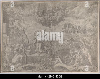 Die Vision von Hesekiel, mit den Toten, die aufsteigen und ihr Fleisch anziehen, Gott der Vater oben am Himmel 1579 Giovanni Battista Fontana. Die Vision von Hesekiel, mit den Toten, die aufsteigen und ihr Fleisch anziehen, Gott, dem Vater, oben am Himmel. Giovanni Battista Fontana (Italienisch, ca. 1524–1587). 1579. Gravur. Raphael Saitel (italienisch, aktiv ca. L 1579, S. Ausdrucke Stockfoto