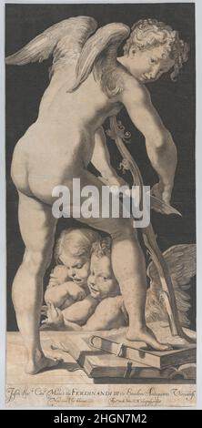 Amor schärft seinen Bogen 1645–72 Franciscus Van Den Steen. Amor schärft seinen Bogen. Franciscus Van Den Steen (Antwerpen ca. 1625–1672 Wien). 1645–72. Gravur. Ausdrucke Stockfoto