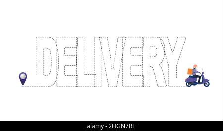 Beschriftung Lieferung durch eine gepunktete Linie in Form einer Route mit einem Startpunkt und einem Roller. Lieferkonzept. Flache Vektorgrafik. Stock Vektor