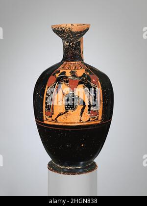 Terrakotta-Lekithos (Ölflasche) ca. 550 v. Chr. dem Affecter zugeschrieben Geflügelter Mann zwischen ZuschauerGeflügelte männliche Figuren, die sich von Hermes unterscheiden, erscheinen in der attischen Kunst der Mitte des sechsten Jahrhunderts v. Chr. ohne Inschriften sind sie schwer zu identifizieren. In der gesamten griechischen Kunst ist die Unterscheidung zwischen menschlichem und göttlichem, greifbarem und immateriellem schwer fassbar. Obwohl wir seinen Namen nicht kennen, bewegt sich diese Zahl sicherlich zwischen verschiedenen Ordnungen der Realität. Terrakotta-Lekithos (Ölflasche). Griechisch, Dachboden. Ca. 550 V. CHR. Terrakotta; schwarze Figur. Archaisch. Vasen Stockfoto