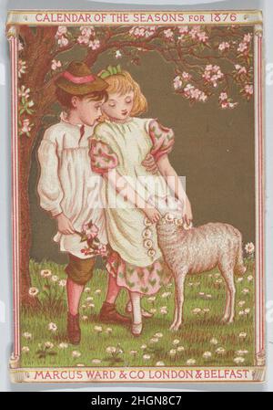 Valentine 1876 Kate Greenaway. Valentinstag. Kate Greenaway (Großbritannien, London 1846–1901 London). 1876. Weiße Karte, Chromolithographie, Goldlithographie Stockfoto