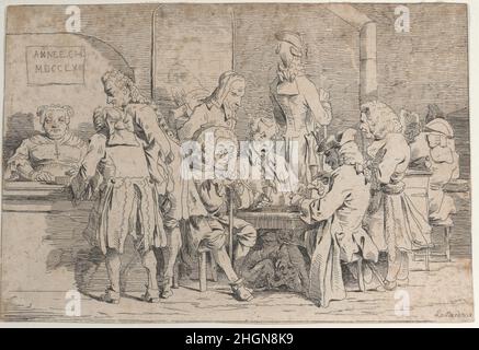 Tric Trac spielen 1763 Philippe Jacques de Loutherbourg Französisch Diese Karikatur zeigt Männer, die an Tischen sitzen und Backgammon spielen, bekannt als tric trac. Bei links sammelt eine stolte Frau hinter dem Schalter das Geld. Der Druck ist ein seltenes Beispiel für Loutheburgs Arbeit als Satiriker, der in Frankreich lebte. Die meisten seiner Werke dieser Art entstanden in London, wo er 1771 umzog und sein Leben lang blieb. So Spielen Sie „Tric Trac“: Philippe Jacques de Loutherbourg (Französisch, Straßburg 1740–1812 London). 1763. Radierung. Ausdrucke Stockfoto