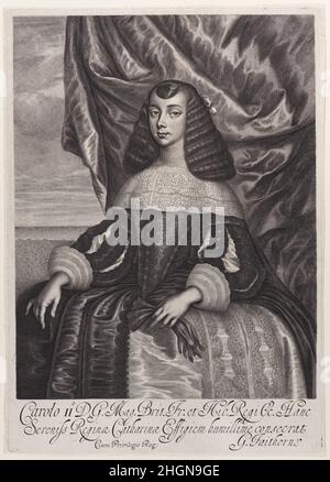 Catherine of Braganza 1662 William Faithorne the Elder Faithorned stützte diesen Druck auf ein Porträt, das Dirk Stoop 1661 von der portugiesischen Prinzessin Catherine of Braganza malte, als ihre Ehe mit König Karl II. Verhandelt wurde - das Gemälde wurde dann nach England geschickt. Catherine trägt ein Kleid aus portugiesischer Mode mit einem breiten flachen Spitzenkragen und breiten Röcken. Sie kam am 13. Mai 1662 in Portsmouth an und die Ehe fand am 21. Mai statt. Faithornes Stich wurde um diese Zeit gemacht, um die englische Neugier auf Catherine's Aussehen zu befriedigen. Katharina von Braganza. Nach Dirck Stoop (Du Stockfoto