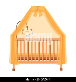 Babybett, Wiege in Farben Möbel für Kinderzimmer isoliert auf weißem Hintergrund in flachem Stil mit hängenden mobilen Stock Vektor-Illustration. Stock Vektor