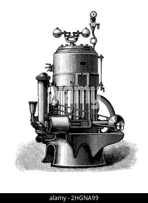 Dampfmaschine, Wärmemaschine, die mechanische Arbeiten unter Verwendung von Dampfdruck erzeugt, um einen Kolben in einen Zylinder zu schieben. Stockfoto