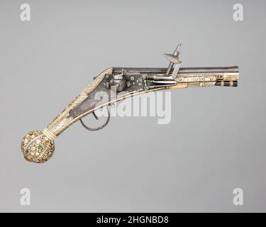 Radschloß Pistole Ende 16th Jahrhundert Deutsch. Radsperrpistole. Deutsch. Ende 16th. Jahrhundert. Stahl, Silber, Gold, Bronze, Elfenbein. Schusswaffen-Pistolen-Radschloss Stockfoto