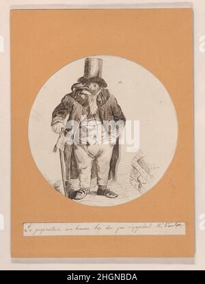 Mister Vulture 1840 J. J. Grandville der Herausgeber Pierre-Jules Hetzel konzipierte 1839 ein Buchprojekt ausdrücklich als Vehikel für J. J. Grandvilles Illustrationen. Eine Sammlung von Kurzgeschichten verschiedener Autoren, 'Scènes de la vie privée et publique des animaux: Etudes de mœurs contemporaines' (Szenen aus dem privaten und öffentlichen Leben von Tieren: Studien zeitgenössischer Bräuche), bietet eine satirische Kritik der menschlichen Gesellschaft aus der Sicht der Tiere. Im ersten Stock findet ein Hase eine Unterkunft bei einem bescheidenen Regierungsbeamten. Hier zeigt Grandville den Vermieter des armen Angestellten, einen Hafen Stockfoto