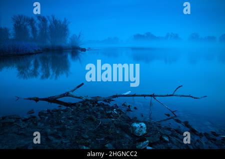 Nebliger Morgen über dem Fluss Odra. Rauchige geheimnisvolle Landschaft. Lubuskie, Polen. Stockfoto
