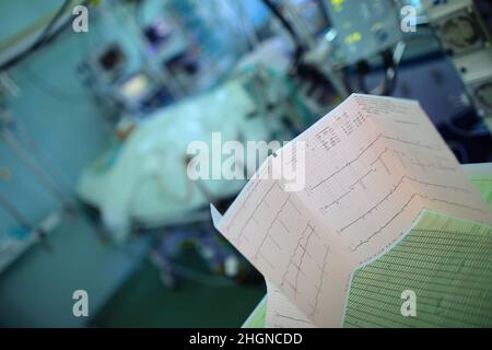 Das EKG-Diagramm auf dem Tisch in der Pflegestation neben dem Patientenbett auf der Intensivstation falten. Stockfoto