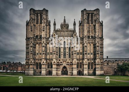 Westfront der Wells Cathedral, Cathedral Church of St Andrew, Wells, Somerset Stockfoto