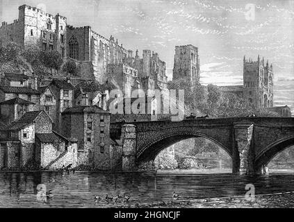 Schwarz-Weiß-Illustration; Durham Castle und Kathedrale im 19th. Jahrhundert vom Fluss aus gesehen Wear Stockfoto