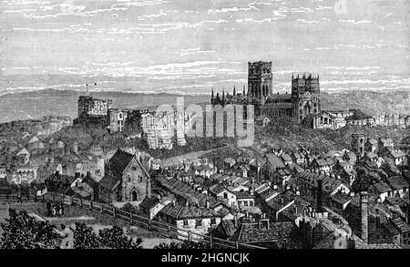 Schwarz-Weiß-Illustration; Gesamtansicht der Stadt Durham, des Schlosses und der Kathedrale im 19th. Jahrhundert Stockfoto