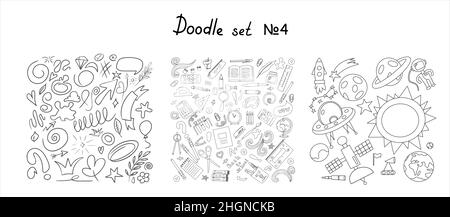 Zurück zur Schule. Zeichnen Sie die Raumanzeichnung mit den Skizzenpfeilen von Hand. Big Vector Doodle Set. Schreibwaren für Schule, Universität und Büro. Von Hand gezeichnet Stock Vektor