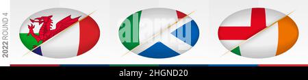 Rugby-Spiele der vierten Runde: Wales gegen Frankreich, Italien gegen Schottland, England gegen Irland. Konzept für Rugby-Turnier, Vektorflaggen stilisiert R Stock Vektor