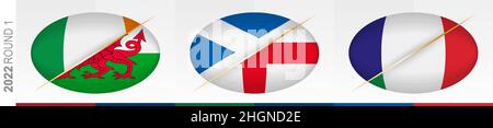 Rugby-Spiele der ersten Runde: Irland gegen Wales, Schottland gegen England, Frankreich gegen Italien. Konzept für Rugby-Turnier, Vektor-Flaggen stilisierte Ru Stock Vektor